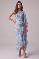 Laden Sie das Bild in den Galerie-Viewer, Floral Staubiges Blau Asymmetrische Scheide Gerafftes Formelles Kleid mit 3D-Blume