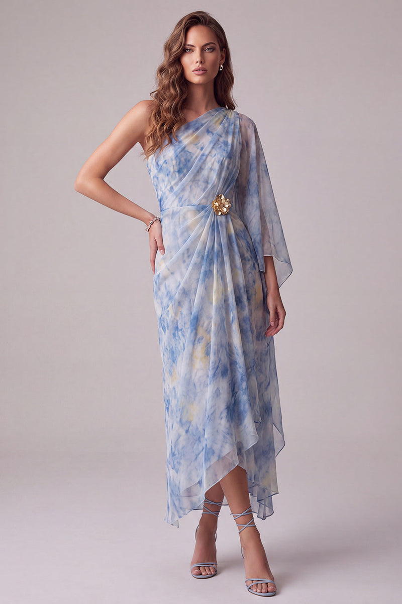 Laden Sie das Bild in den Galerie-Viewer, Floral Staubiges Blau Asymmetrische Scheide Gerafftes Formelles Kleid mit 3D-Blume