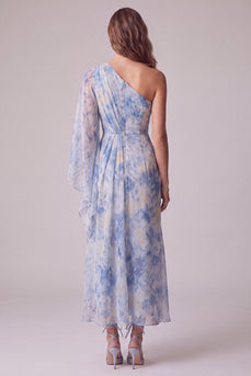 Floral Staubiges Blau Asymmetrische Scheide Gerafftes Formelles Kleid mit 3D-Blume