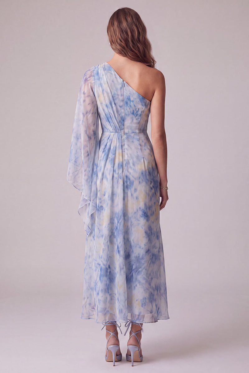 Laden Sie das Bild in den Galerie-Viewer, Floral Staubiges Blau Asymmetrische Scheide Gerafftes Formelles Kleid mit 3D-Blume