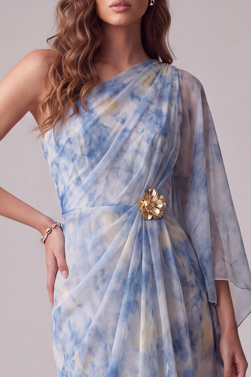 Laden Sie das Bild in den Galerie-Viewer, Floral Staubiges Blau Asymmetrische Scheide Gerafftes Formelles Kleid mit 3D-Blume