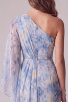 Laden Sie das Bild in den Galerie-Viewer, Floral Staubiges Blau Asymmetrische Scheide Gerafftes Formelles Kleid mit 3D-Blume