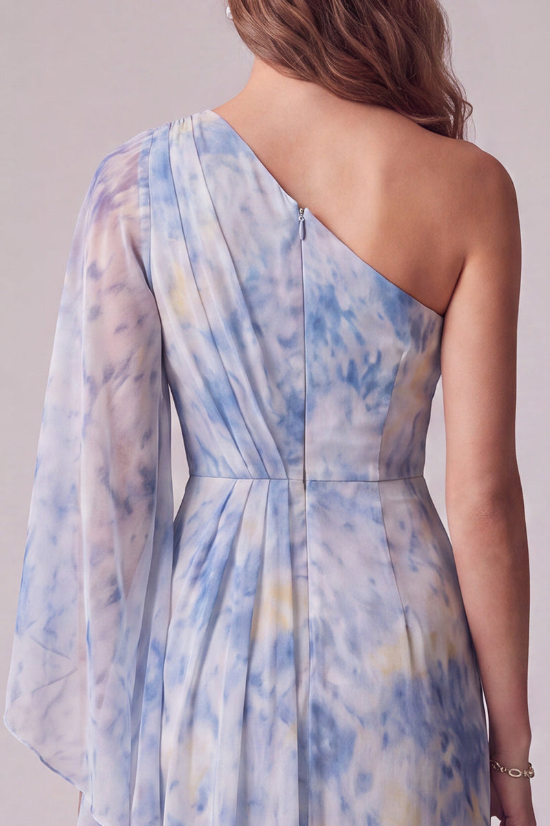 Laden Sie das Bild in den Galerie-Viewer, Floral Staubiges Blau Asymmetrische Scheide Gerafftes Formelles Kleid mit 3D-Blume