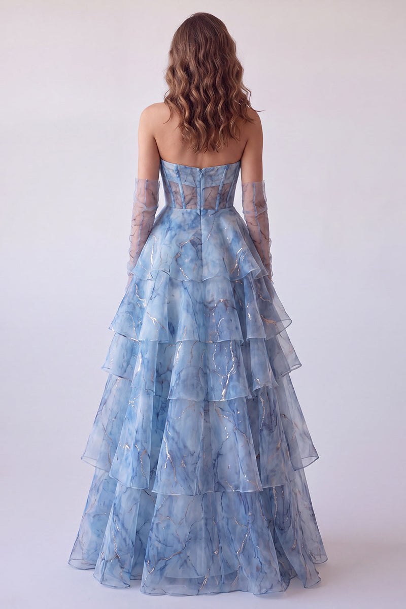 Laden Sie das Bild in den Galerie-Viewer, Staubiges blaues A-Linie Korsett Gestuftes Rüschen Trägerloses Langes Abschlussballkleid