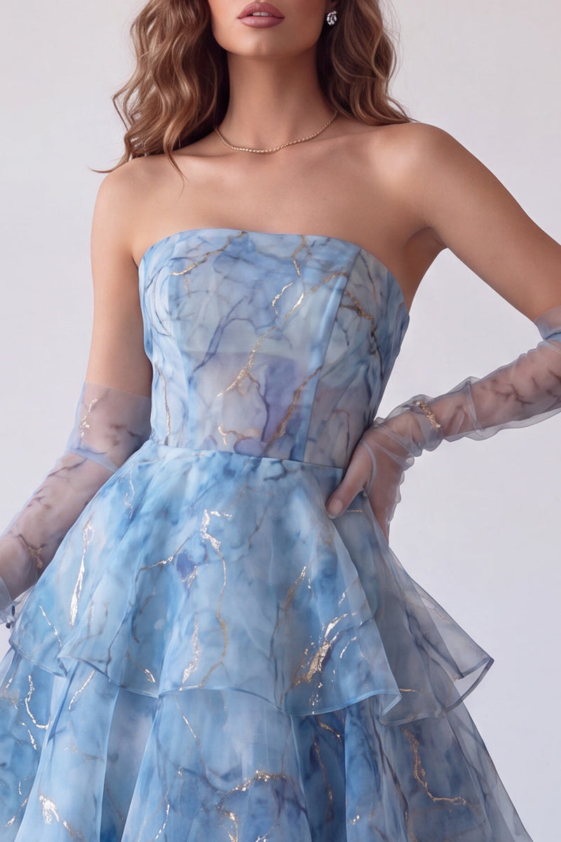 Laden Sie das Bild in den Galerie-Viewer, Staubiges blaues A-Linie Korsett Gestuftes Rüschen Trägerloses Langes Abschlussballkleid