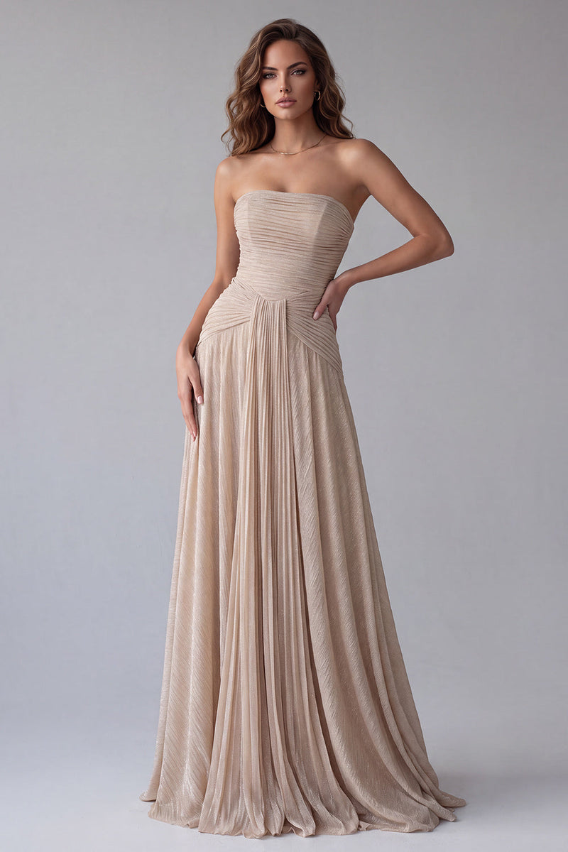 Laden Sie das Bild in den Galerie-Viewer, Champagner Trägerloses A-Linie Gerafftes Langes Festkleid