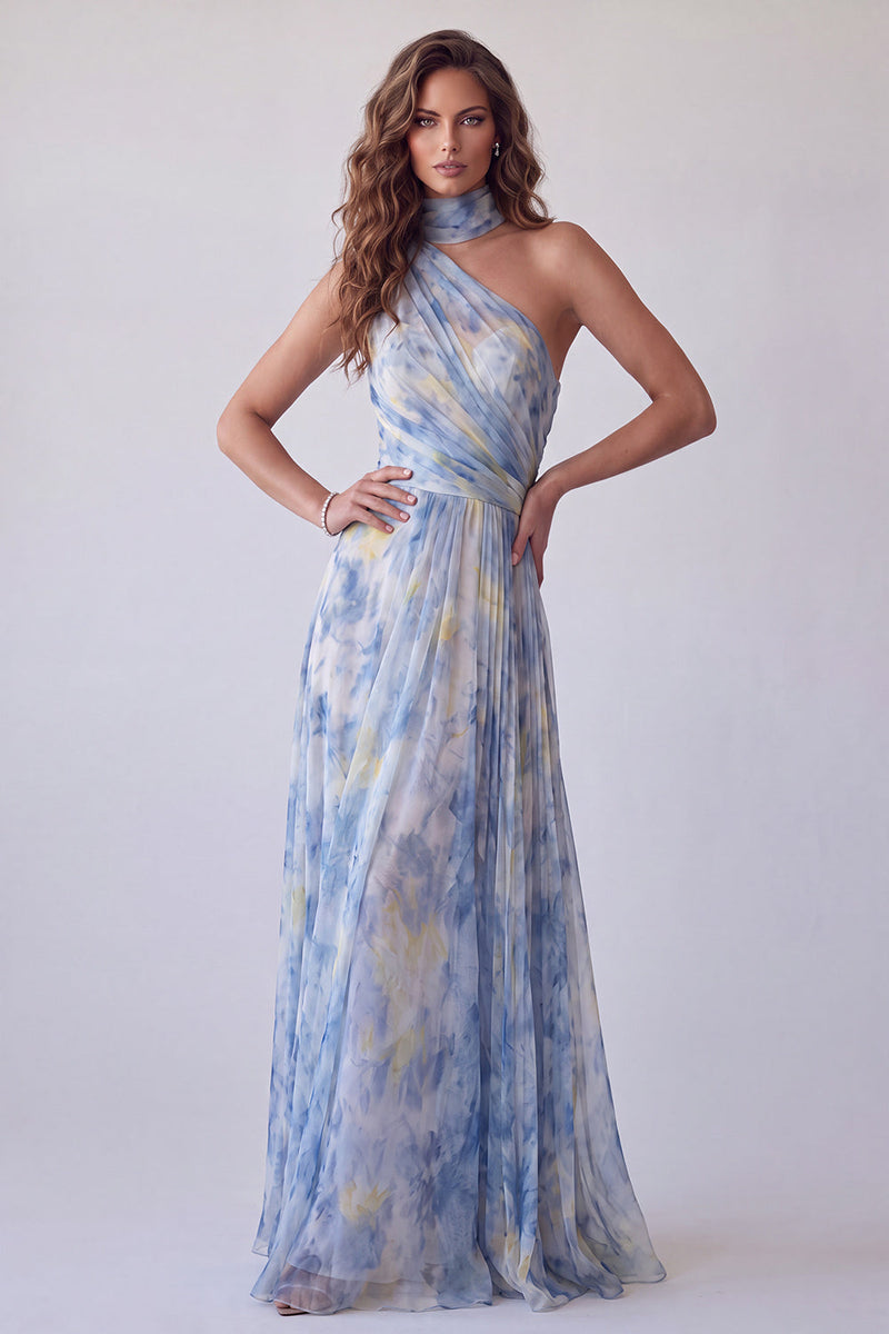 Laden Sie das Bild in den Galerie-Viewer, Blaues Einschulter Ausgeschnittenes Langes Festliches Kleid mit ausgeschnittenem Blumenmuster und Halsschal