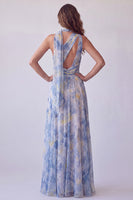 Laden Sie das Bild in den Galerie-Viewer, Blaues Einschulter Ausgeschnittenes Langes Festliches Kleid mit ausgeschnittenem Blumenmuster und Halsschal