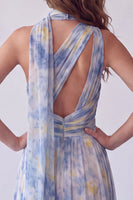 Laden Sie das Bild in den Galerie-Viewer, Blaues Einschulter Ausgeschnittenes Langes Festliches Kleid mit ausgeschnittenem Blumenmuster und Halsschal