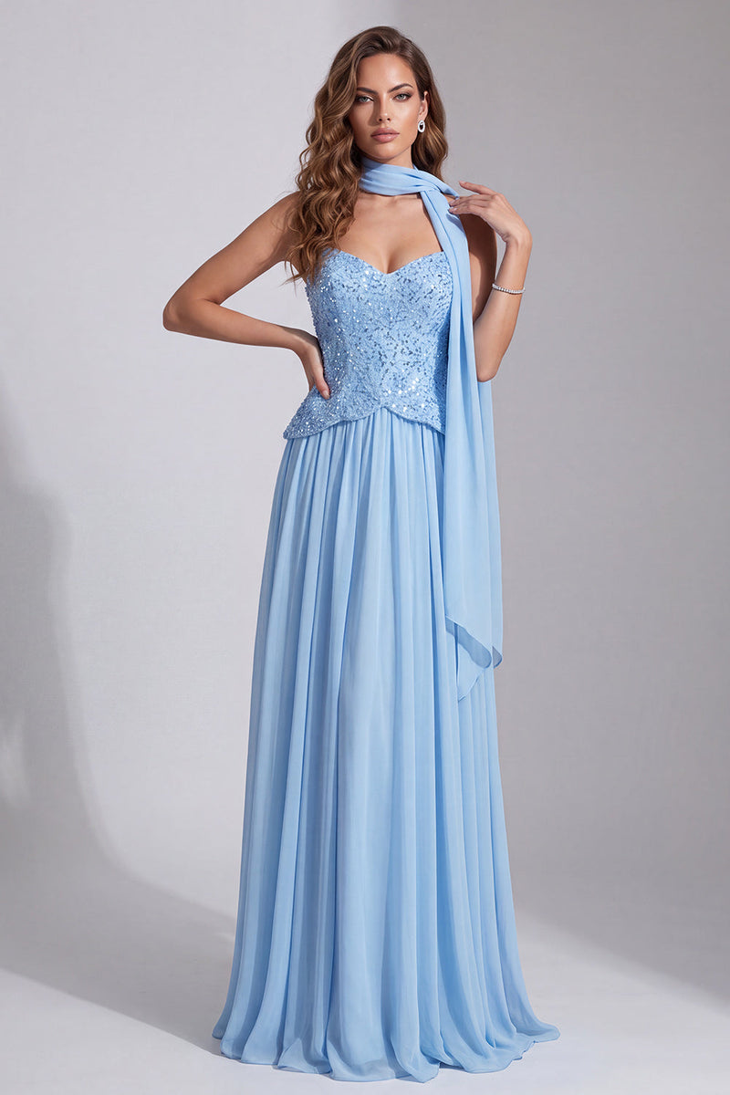 Laden Sie das Bild in den Galerie-Viewer, Himmelblaues Trägerloses Pailletten A-Linie Festkleid mit Halsschal