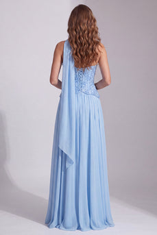 Himmelblaues Trägerloses Pailletten A-Linie Festkleid mit Halsschal