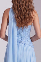 Laden Sie das Bild in den Galerie-Viewer, Himmelblaues Trägerloses Pailletten A-Linie Festkleid mit Halsschal