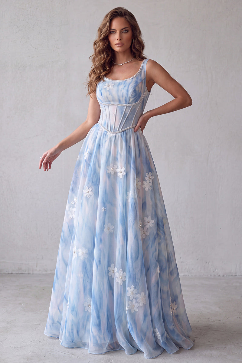 Laden Sie das Bild in den Galerie-Viewer, Hellblaues A-Linie Quadrathals Blumen Korsett Langes Festkleid