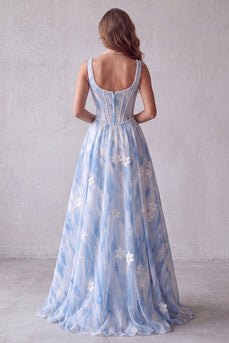 Hellblaues A-Linie Quadrathals Blumen Korsett Langes Festkleid