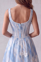 Laden Sie das Bild in den Galerie-Viewer, Hellblaues A-Linie Quadrathals Blumen Korsett Langes Festkleid