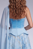 Laden Sie das Bild in den Galerie-Viewer, Himmelblaues A-Linie Korsett Trägerloses Langes Abschlussballkleid mit Seitenumhang