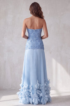 Blaues A-Linie Trägerloses 3D-Blumensaum Plissiertes Festkleid mit Strasssteinen