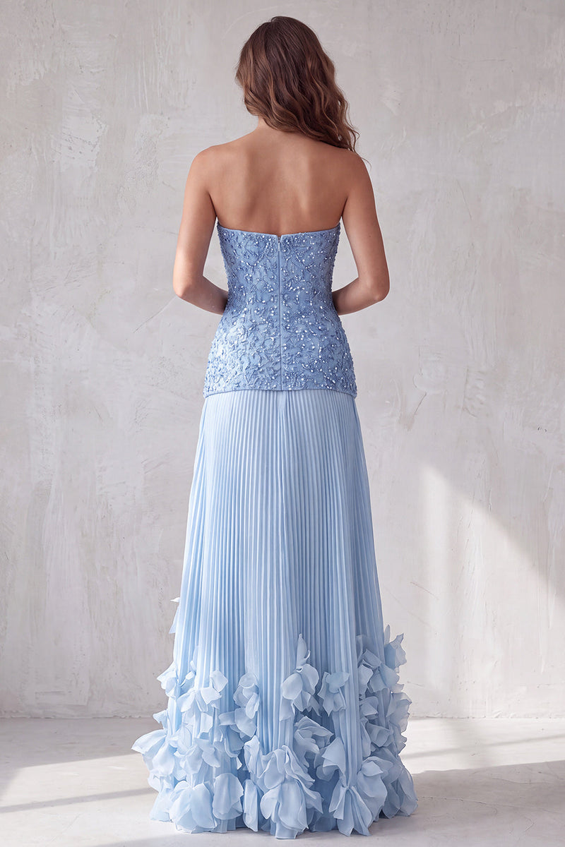 Laden Sie das Bild in den Galerie-Viewer, Blaues A-Linie Trägerloses 3D-Blumensaum Plissiertes Festkleid mit Strasssteinen