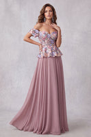 Laden Sie das Bild in den Galerie-Viewer, Vintage-Mauve 3D-Blumenapplikationen A-Linie Off-the-shoulder Formelle Kleid