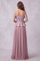 Laden Sie das Bild in den Galerie-Viewer, Vintage-Mauve 3D-Blumenapplikationen A-Linie Off-the-shoulder Formelle Kleid
