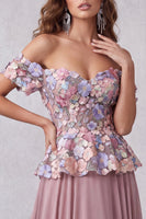 Laden Sie das Bild in den Galerie-Viewer, Vintage-Mauve 3D-Blumenapplikationen A-Linie Off-the-shoulder Formelle Kleid