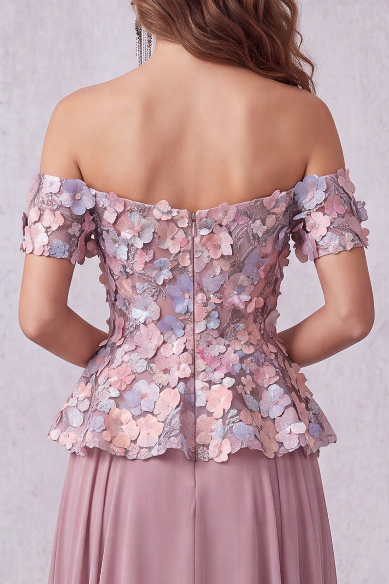Laden Sie das Bild in den Galerie-Viewer, Vintage-Mauve 3D-Blumenapplikationen A-Linie Off-the-shoulder Formelle Kleid