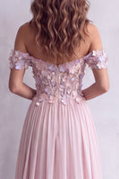 Laden Sie das Bild in den Galerie-Viewer, Hellrosa A-Linie Korsett Langes Festkleid mit 3D-Blumenapplikationen