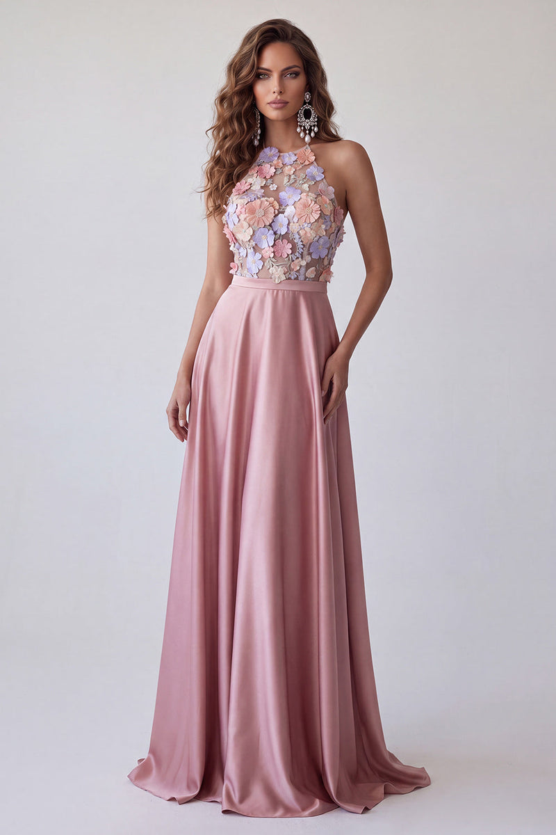 Laden Sie das Bild in den Galerie-Viewer, Rosa A-Linie Hochausgeschnittenes 3D-Blumenapplikationen Offenes Festliches Kleid