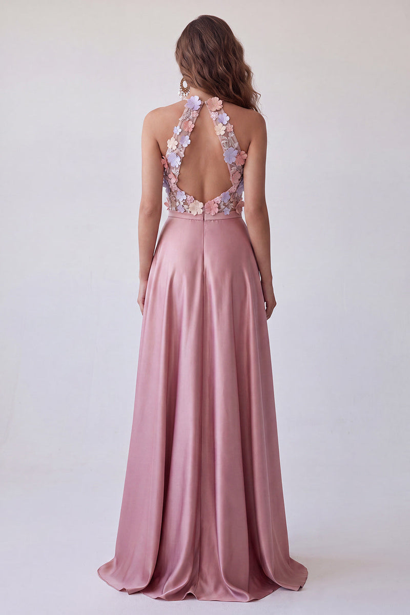 Laden Sie das Bild in den Galerie-Viewer, Rosa A-Linie Hochausgeschnittenes 3D-Blumenapplikationen Offenes Festliches Kleid