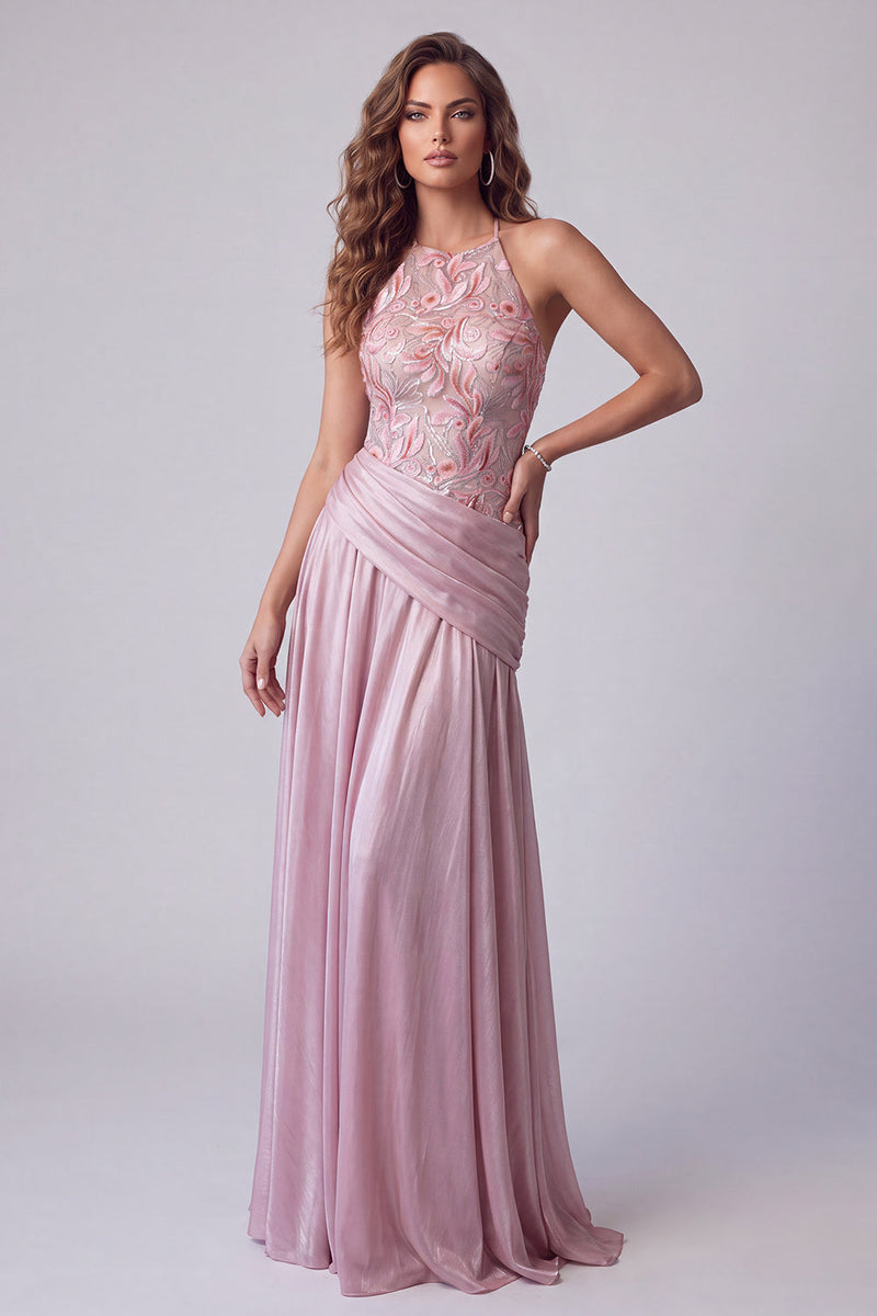 Laden Sie das Bild in den Galerie-Viewer, Rosa A-Linie Floralstickerei Langes Formelle Kleid