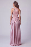 Laden Sie das Bild in den Galerie-Viewer, Rosa A-Linie Floralstickerei Langes Formelle Kleid