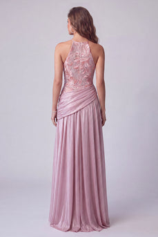 Rosa A-Linie Floralstickerei Langes Formelle Kleid