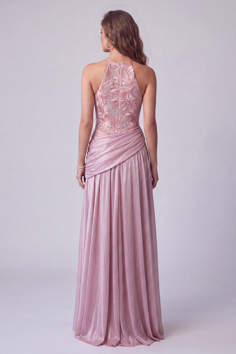 Laden Sie das Bild in den Galerie-Viewer, Rosa A-Linie Floralstickerei Langes Formelle Kleid