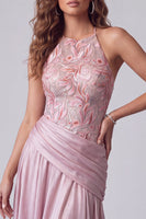 Laden Sie das Bild in den Galerie-Viewer, Rosa A-Linie Floralstickerei Langes Formelle Kleid