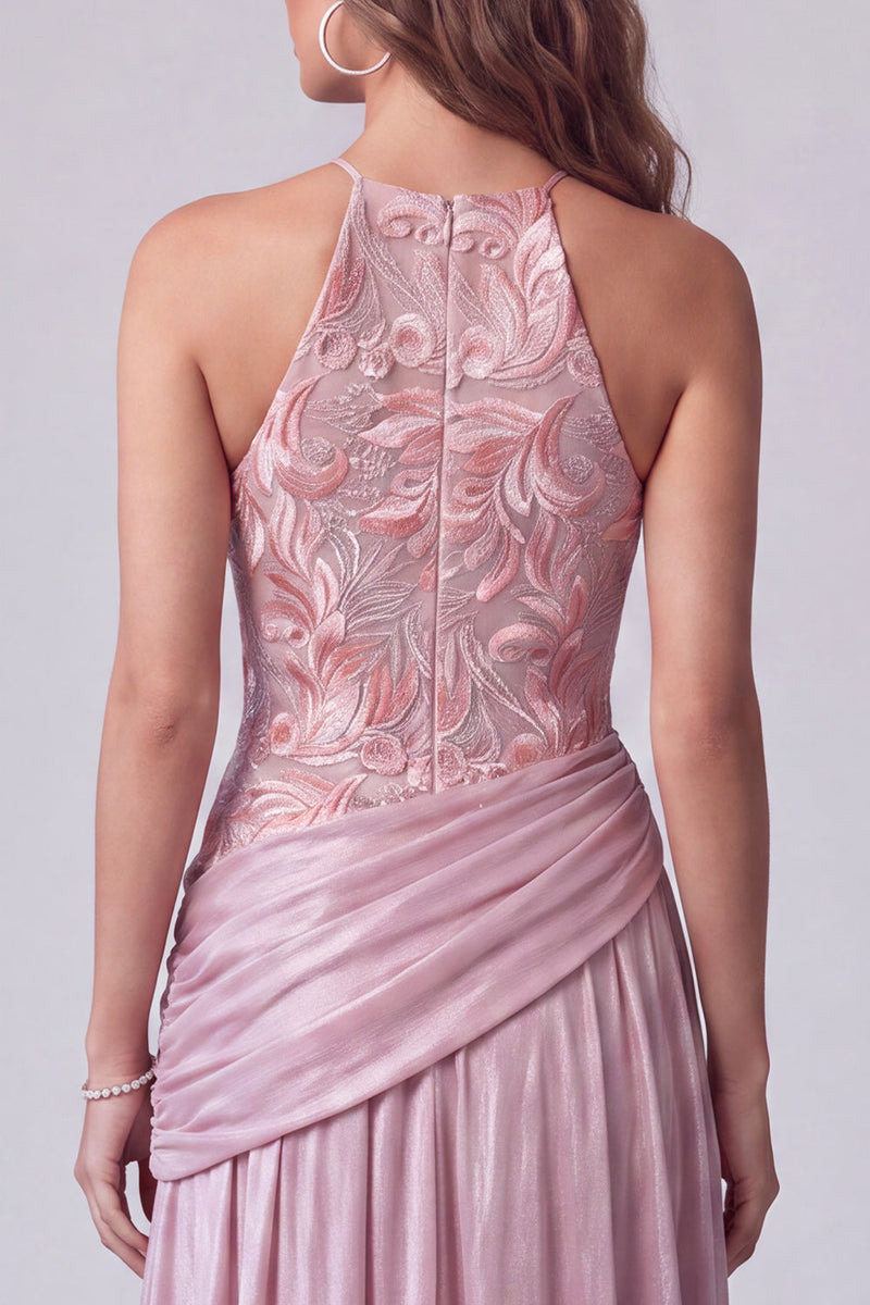 Laden Sie das Bild in den Galerie-Viewer, Rosa A-Linie Floralstickerei Langes Formelle Kleid