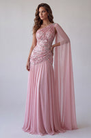 Laden Sie das Bild in den Galerie-Viewer, Rosa Gerafftes Einschulteriges Festkleid mit Seitenumhang