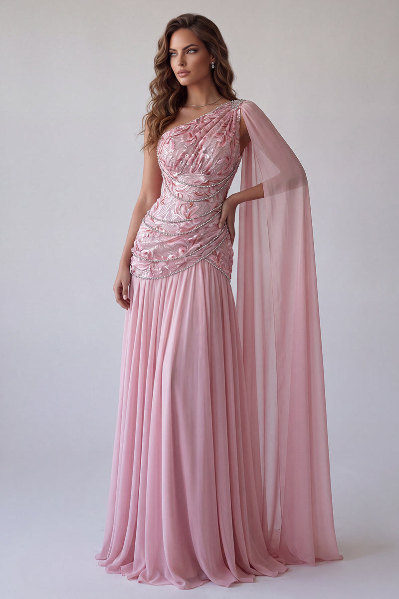 Laden Sie das Bild in den Galerie-Viewer, Rosa Gerafftes Einschulteriges Festkleid mit Seitenumhang