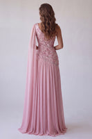 Laden Sie das Bild in den Galerie-Viewer, Rosa Gerafftes Einschulteriges Festkleid mit Seitenumhang
