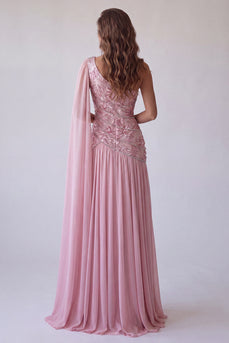 Rosa Gerafftes Einschulteriges Festkleid mit Seitenumhang