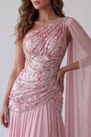 Laden Sie das Bild in den Galerie-Viewer, Rosa Gerafftes Einschulteriges Festkleid mit Seitenumhang
