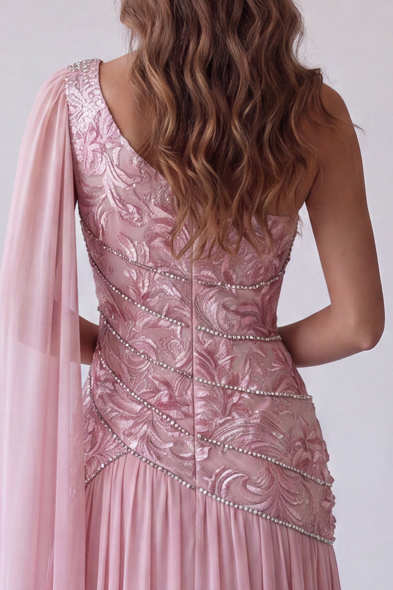 Laden Sie das Bild in den Galerie-Viewer, Rosa Gerafftes Einschulteriges Festkleid mit Seitenumhang
