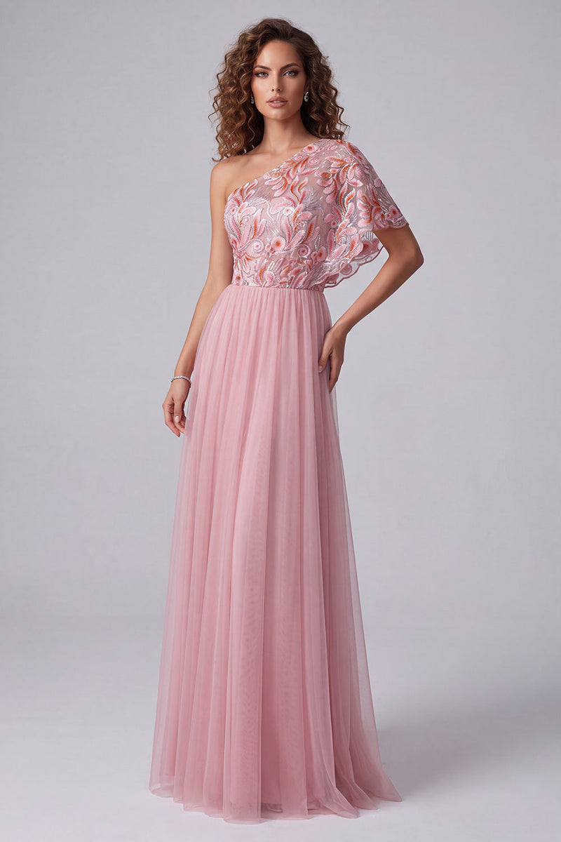 Laden Sie das Bild in den Galerie-Viewer, Rosa Stickerei Ein Schulter A-Linie Langes Festkleid