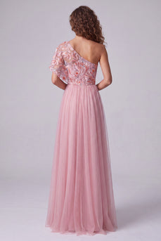 Rosa Stickerei Ein Schulter A-Linie Langes Festkleid