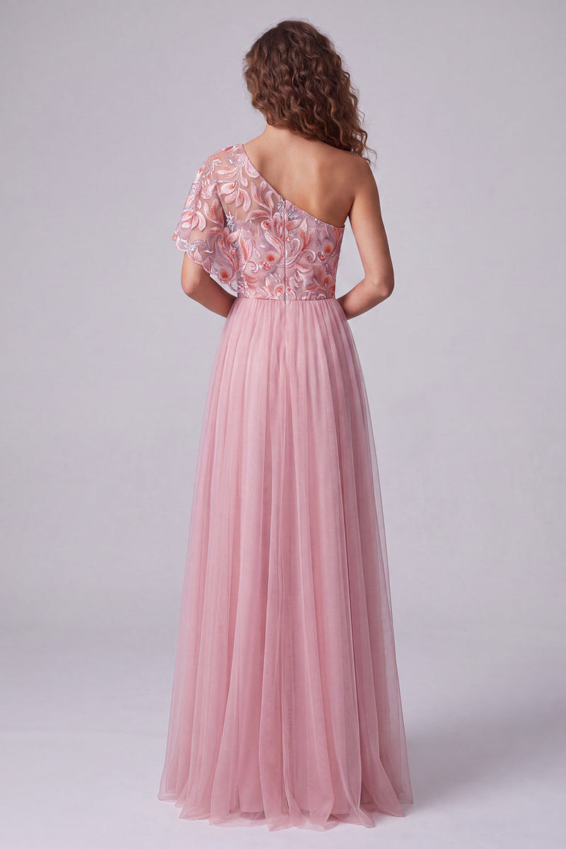 Laden Sie das Bild in den Galerie-Viewer, Rosa Stickerei Ein Schulter A-Linie Langes Festkleid