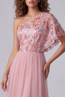 Laden Sie das Bild in den Galerie-Viewer, Rosa Stickerei Ein Schulter A-Linie Langes Festkleid