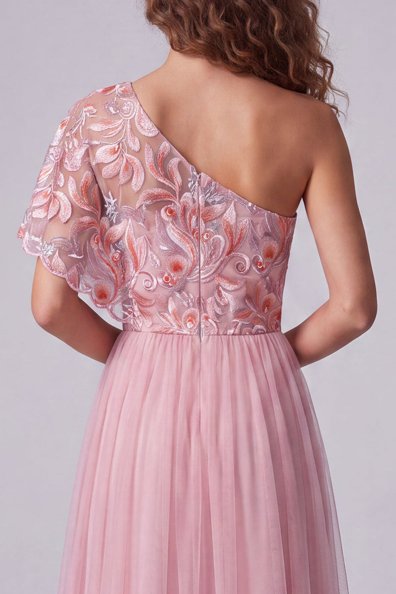 Laden Sie das Bild in den Galerie-Viewer, Rosa Stickerei Ein Schulter A-Linie Langes Festkleid