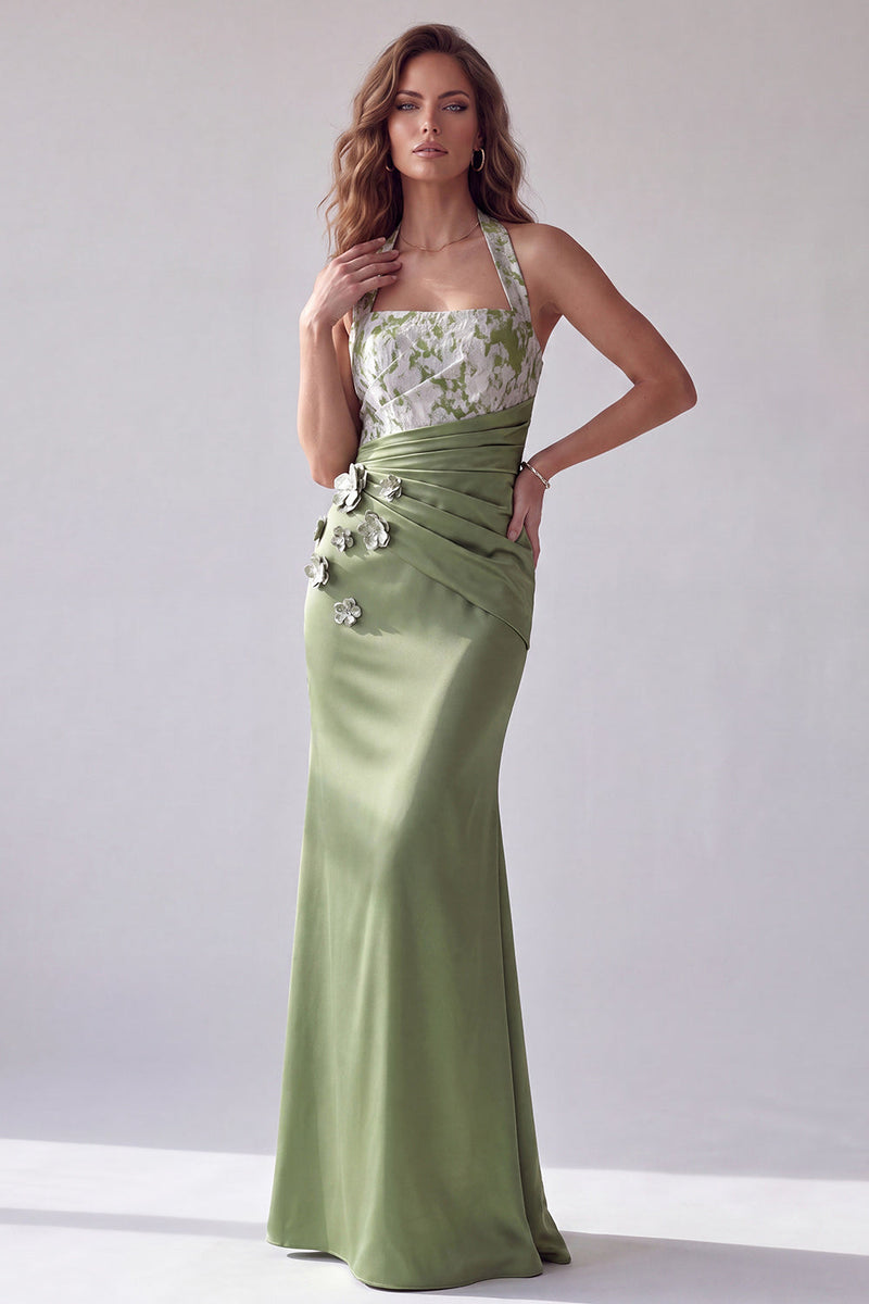 Laden Sie das Bild in den Galerie-Viewer, Grüne Merimaid Blumenapplikationen Gerafftes Neckholder Festkleid
