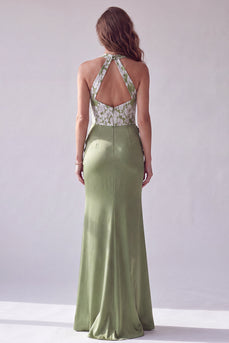 Grüne Merimaid Blumenapplikationen Gerafftes Neckholder Festkleid