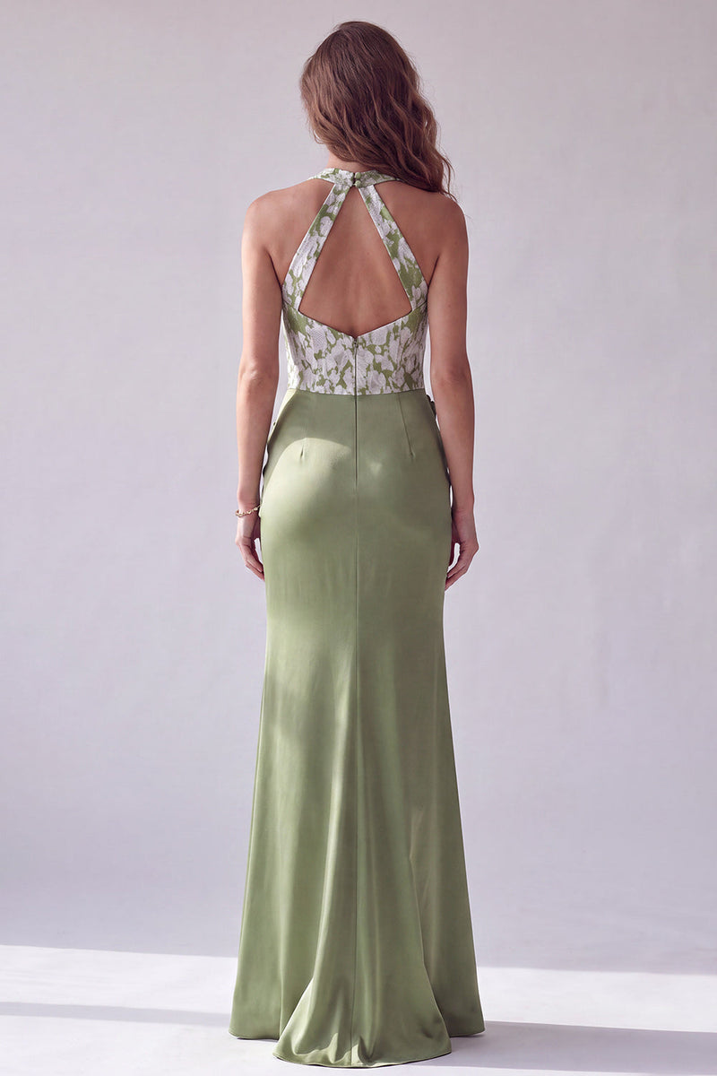 Laden Sie das Bild in den Galerie-Viewer, Grüne Merimaid Blumenapplikationen Gerafftes Neckholder Festkleid