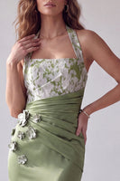 Laden Sie das Bild in den Galerie-Viewer, Grüne Merimaid Blumenapplikationen Gerafftes Neckholder Festkleid